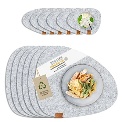 Image of MIQIO® Felt Place Mat Stone Sustainable Premium Mats Tested for Harmful Substances Ökotex Made from 100% Recycled PET Bottles 40 x 32 cm Washable Placemats + Glass Coaster Round