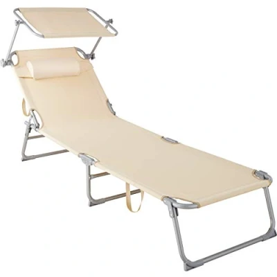 Image of TecTake® Sun Lounger, Robust, Adjustable 3 Legged Steel Base with Shade, Comfortable Synthetic Fibre, 4 Position Backrest Includ Head Cushion, Beach Chair Ideal for Garden, Pool, Camping beige