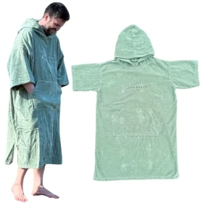 Image of Towelling Poncho for Adults Easy Changing Robe Swim, Surf, Wild Swimming, Beach (Green, L XL)