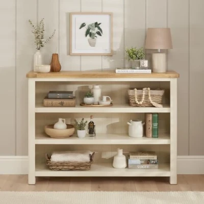 Image of Marbury Cream Painted Wide Low Large Bookcase Premium Quality, Versatile Storage Solution with Adjustable Shelves, Solid Oak Top, Brushed Nickel Handles H 970 x W 1350 D 340mm
