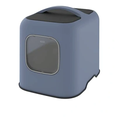 Image of Rotho MyPet Biala Cat Litter Tray with Cover and Scoop, Plastic (PP Recycled), Blue/Anthracite, (51.0 x 39.5 44.3 cm)