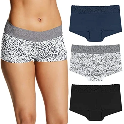 Image of Maidenform Women&#039;s Underwear, Stretch Cotton Boyshort Panties, Assorted, 3 Pack Boy Short, Navy/Grey Daze/Black, M (Pack of 3)