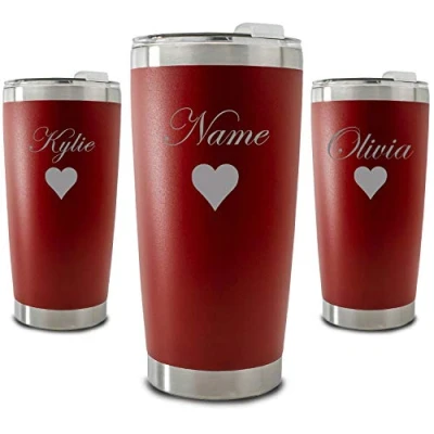 Image of Personalised Engraved 500ml Red Travel Cup with Name and Heart Design, Personalise Any