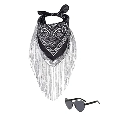 Image of JIANGLAI Fringe Bandana with Heart Sunglasses, Rhinestone Disco Cowgirl Decorations Outfit for Women Bachelorette Party (Black)