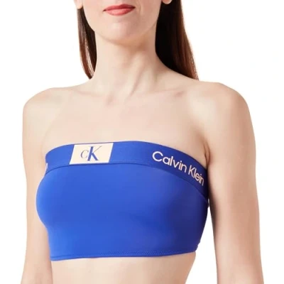Image of Calvin Klein Women Triangle Bikini Top Longline Bandeau Strapless, Blue (Midnight Lagoon), XS