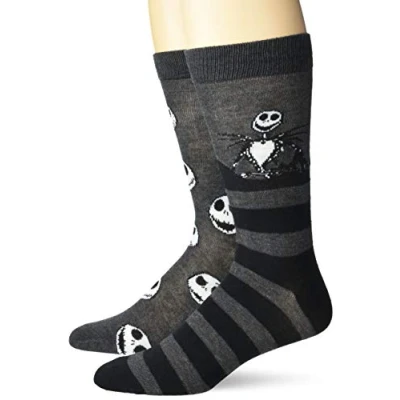 Image of Disney Men&#039;s Nightmare Before Christmas 2 Pack Crew, Black Grey Multi, Fits Sock Size 10 13 Shoe 6.5 12.5