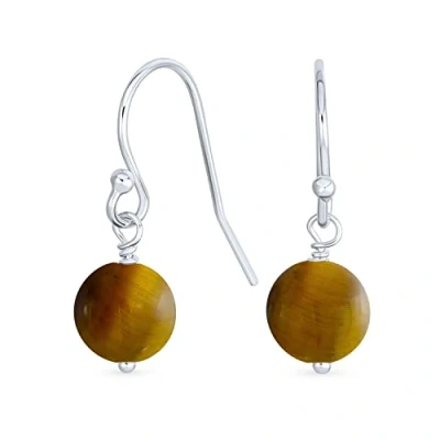 Image of Simple Plain Basic Round Brown Tiger Eye Bead Drop Ball Dangle French Fish Hook Wire Earrings For Women.925 Sterling Silver