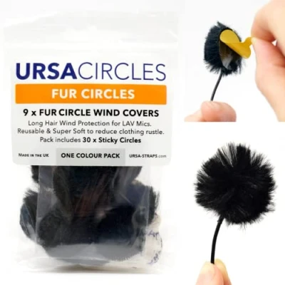 Image of URSA Fur Circles Mini Windshields for Lavalier/Lapel Microphones. Reduce Wind Noise &amp; Clothing Rustle. Compatible with Sennheiser, RODE, Sanken, Tascam More (9x + 30x Stickies, Black)