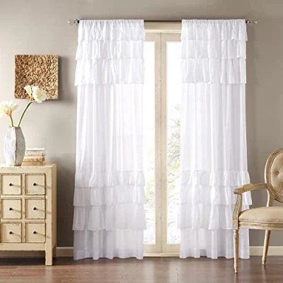 Image of Madison Park White Living Room, Cottage Country Rod Pocket Ruffle Bedroom, Anna Solid Voile Window Curtains, 50X63, 1 Panel Pack