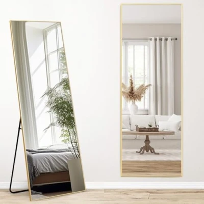 Image of Melodieux Full Length Mirror 161 x 52 cm Modern Large Freestanding Gold Aluminium Frame Dressing Wall Mounted for Living Room Bedroom