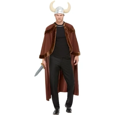 Image of Smiffys Viking Costume, Brown with Cape &amp; Helmet, Historical Fancy Dress, Dress Up Costumes