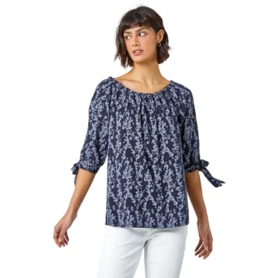 Image of Roman Originals Bardot Top Off Shoulder Blouse for Women UK Ladies Floral Print Shirt Palm Leaf Tropical Ditsy Cold Jersey Frill Cuff Summer Spring Holiday Navy Blue Size 10