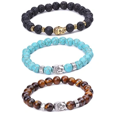 Image of Infinite U Womens Mens Buddha Bracelet 9mm Beads Wrist Mala Alloy Energy/Lava Stone Stretch Bracelet, Therapy Yoga Meditation, Brown/Blue/Black
