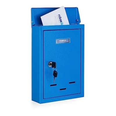 Image of Relaxdays Letter Name Plate, Metal, Lockable, with 2 Keys, Post Box, HWD: 30.5 x 21 7 cm, Wall Mounted, Blue