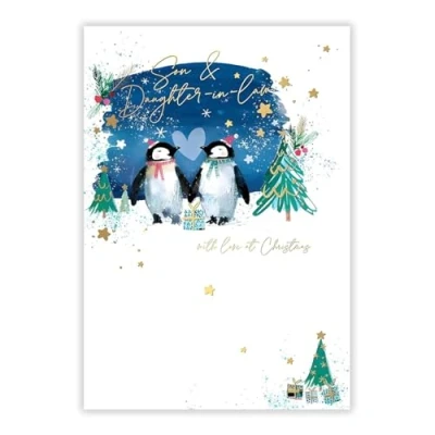 Image of Son &amp; Daughter in Law Christmas Card With Love Penguins and Stars Artistic Festive Design Special Finish Made the UK Eco Friendly