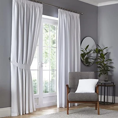 Image of Fusion White Blackout Curtains W46 x L72x (117 183cm) Pencil Pleat in Plain 2x Panels Thermal for Bedroom &amp; Living Room Pleated and Drapes