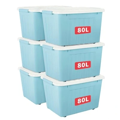 Image of Cetomo 80L*6 Aufbewahrungsboxen mit Deckeln, Kunststoff Aufbewahrungsbox Rollen und Clips, Kunststoffbox für Zuhause Büro, BPA frei, Nestbar, Stapelbar, Blau, 80L 6er Pack