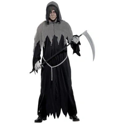 Image of Smiffys Grim Reaper Robe Costume, Black with Hooded &amp; Chain, Halloween Adult Fancy Dress, Dress Up Costumes