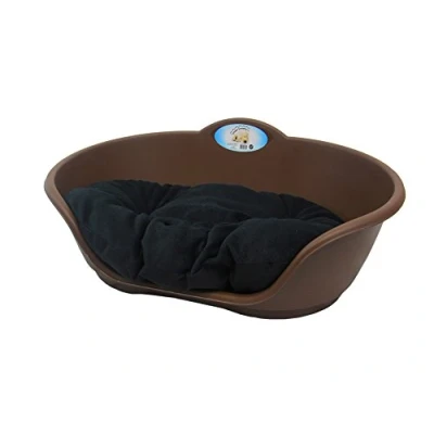 Image of DOG BED BROWN PLASTIC WITH BLACK CUSHION /EXTRA LARGE HEAVY DUTY PET DOG/CAT/ANIMAL/SLEEP/BASKET