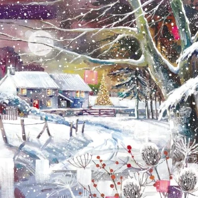 Image of GBCC Charity Christmas Cards Pack of 6 with Snowy Countryside Cottage Scene Eco Friendly Xmas Multipack Envelopes