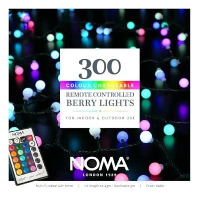 Image of Noma 300 Colour Changeable Remote Controlled Berry Lights (Pack of 1), Green Cable/Multi
