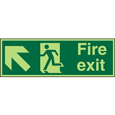 Image of Seco Fire Exit Arrow Pointing Up &amp; Left, Man Running Sign, 600mm x 200mm Photoluminescent Self Adhesive Vinyl