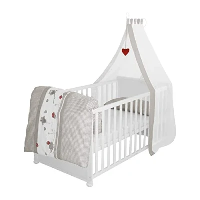 Image of roba Adam &amp; Owl Baby Bed Set 70 x 140 cm Grows with Your Child Linen, Canopy, Mattress Height Adjustable Convertible to Junior Wood White