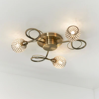 Image of Aherne 3 Light Semi flush Antique Brass With Wire, Bead Shade, G9