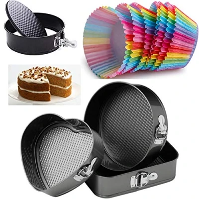 Image of Ultra Non Stick Baking SPRINGFORM Cake TINS &amp; Pack 12 Rainbow Cupcake Cases Tins, Molds (3 Mixed Tins)