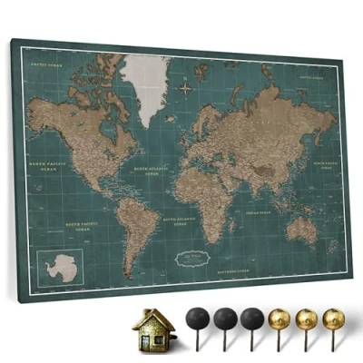Image of Canvas World Map with Cork Pin Board English Lettering Decorative Wall Decoration for All Rooms Pictures Motif (70x50 cm, Pattern 4)