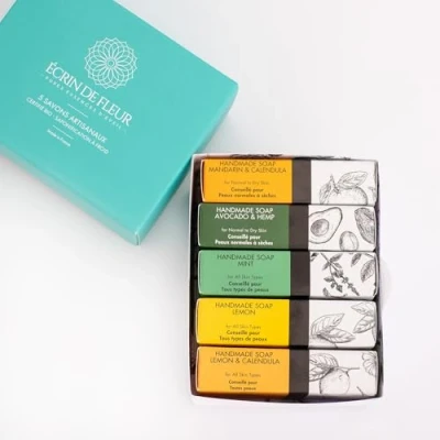 Image of Écrin De Fleur Organic Artisanal Soap 5 pack (Mandarin &amp; Calendula Soap, Mint Avocado Hemp Lemon Soap)