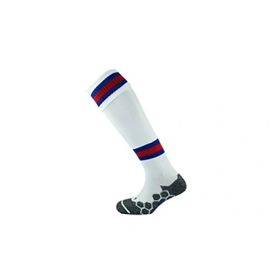 Image of Mitre Junior Division Tech Football Socks Long Sport Sock Lightweight Breathable Mesh, White/Royal Blue/Scarlet, (3 UK 6 UK)