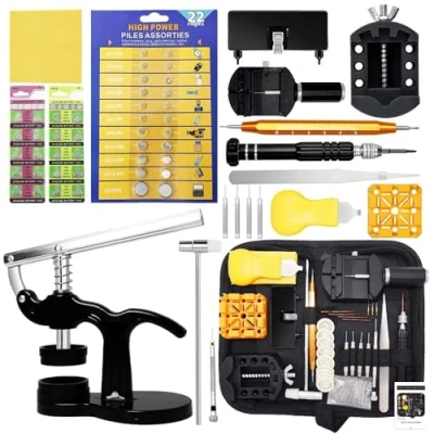 Image of GLDCAPA WT1004 Watch Repair Kit, Professional Battery Replacement Kit with Carry Case, Link Removal Tool Case Opener, Press Set 42pcs Battery,Blue