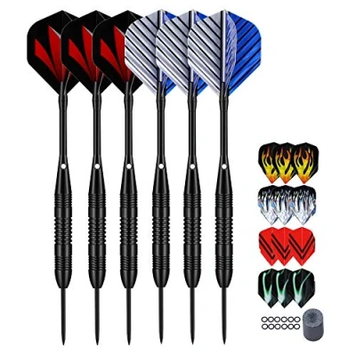Image of LARRITS Professional 6 Pack 23 Grams Steel Tip Darts Set With Black Aluminum Shafts, include 9pcs Standard Flights + Laser 12pcs Rubber O Rings Dart Sharpener Storage Case