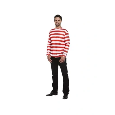 Image of HENBRANDT Adult Men’s Red and White Striped Top with Long Sleeves One Size Mens Fancy Dress Costume