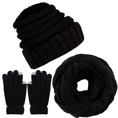 Image of CheChury Winter Hat Scarf and Gloves Set Warm Knitted Beanie Touch Screen for Women Skiing Outdoor Sports,Black,One size
