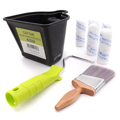 Image of COTTAM Cutting In Brush Set Small Angled Paint Mini 4 Inch Roller Frame Microfibre Sleeves Kettle/Paint Cup Best For Emulsion