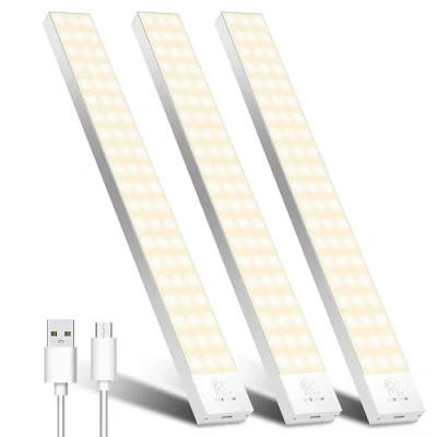 Image of OUILA 32cm Motion Sensor Night Light, 3000K 60LED Under Cabinet Kitchen Lights USB Type C Rechargeable 1500mAh Wardrobe wihth Magnet for Cupboard Stairs (3 Pack)