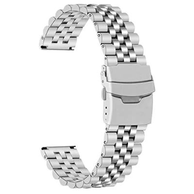 Image of Juntan Replacement Strap 24mm Stainless Steel Watch Bracelet for Men Women 3D with Metal Double Locks Deployment Clasp Silver