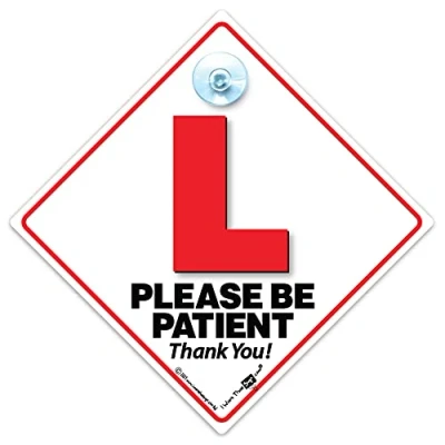 Image of Learner Driver Please Be Patient Car Sign, L Plate Suction Cup New Red Advisory Sign in and White 14cm x