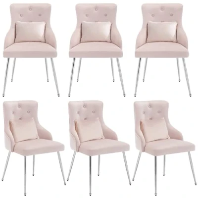 Image of Merax Dining Chairs Set of 6, Modern Upholstered Seat for Kitchen Living Room, Button Pattern Design with Metal Leg and Lumbar Cushion, Leisure Bedroom Vanity Armchair, Luxurious Velvet Fabric, Pink