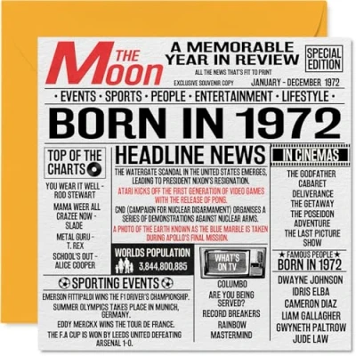 Image of 52nd Birthday Cards for Men Women Born In 1972 Newspaper Happy 52 Card Mum Dad Uncle Aunt Vintage Retro Back 1972, 145mm x Fifty Two Second Bday Greeting
