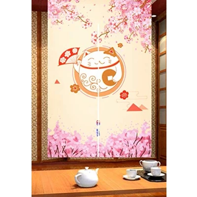 Image of LIGICKY Japanese Style Noren Long Doorway Curtain Fortune Cat &amp; Cherry Blossom Hanging Door Tapestry for Home Decoration, 85 x 150 cm