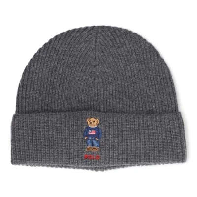 Image of POLO RALPH LAUREN Men&#039;s Solid Flag Bear Beanie, Charcoal Heather, One size