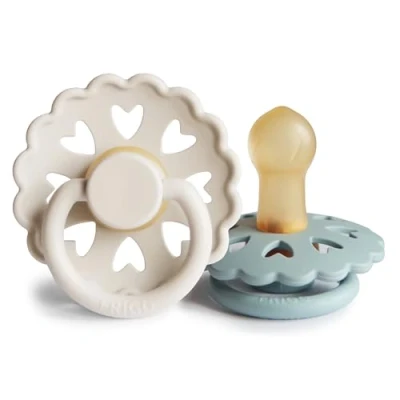 Image of FRIGG Fairytale Latex Pacifier Pack of 2 Natural Rubber Soother Dummy BPA Free Made in Denmark Symmetrical Cherry Shaped Nipple (Cream/Stone Blue, Size 1 (0 6 Months))