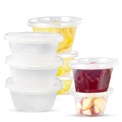 Image of CHEF ROYALE 50 x 2oz Plastic Round Clear Tub Containers With Lids Microwave Safe Pots Meal Prep &amp; Takeaway Storage Box Freezer Dishwasher (50, 2oz)