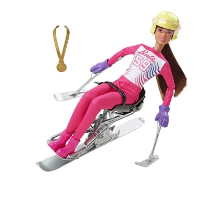 Image of Barbie Winter Sports Para Alpine Skier Brunette Doll (12 in) with Shirt, Pants, Helmet, Gloves, Pole, Sit Ski &amp; Trophy, Great Gift for Ages 3+