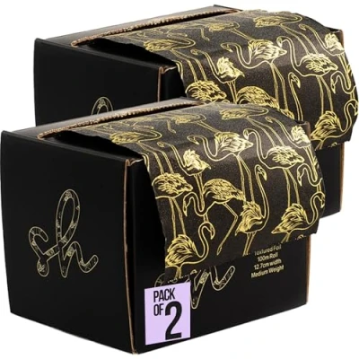 Image of 2 x Simply Hair Luxury Extra Wide Embossed Foil Roll with Built in Cutter 12.7cm 100m Professional Hairdressing for Highlighting &amp; Balayage â“ Flamingo Design, Black Gold