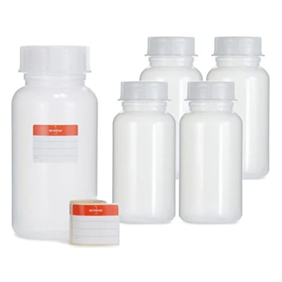 Image of 5x 1000 ml wide neck bottles made of LDPE with screw cap, empty 1 litre chemicals, laboratory lid as storage container for laboratory, kitchen or hobby