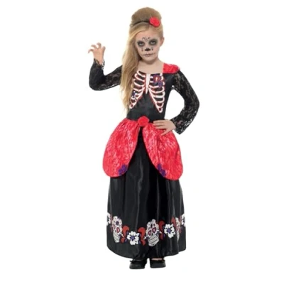 Image of Smiffys Deluxe Day of the Dead Girl Costume, Black with Dress &amp; Headband, Halloween Child Fancy Dress, Up Costumes